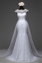 Beautiful Lace Long Mermaid Jewel Wedding Dress With Tulle Overskirt