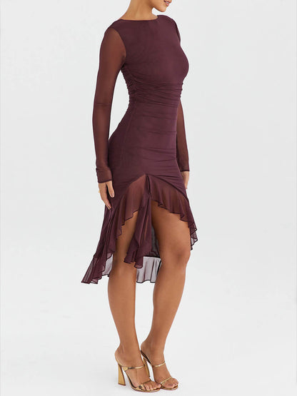 Vestido midi con volantes color vino 