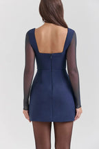 Deep V Neck Mesh Patchwork Long Sleeve A-Line Mini Dresses-Blue Pre Order