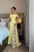 Off The Shoulder Prom Dress With Long Sleeves And Split Appliques