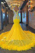 Yellow Prom Dress A Line Tassels With Feather Backless V Neck