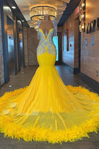 Yellow Prom Dress A Line Tassels With Feather Backless V Neck