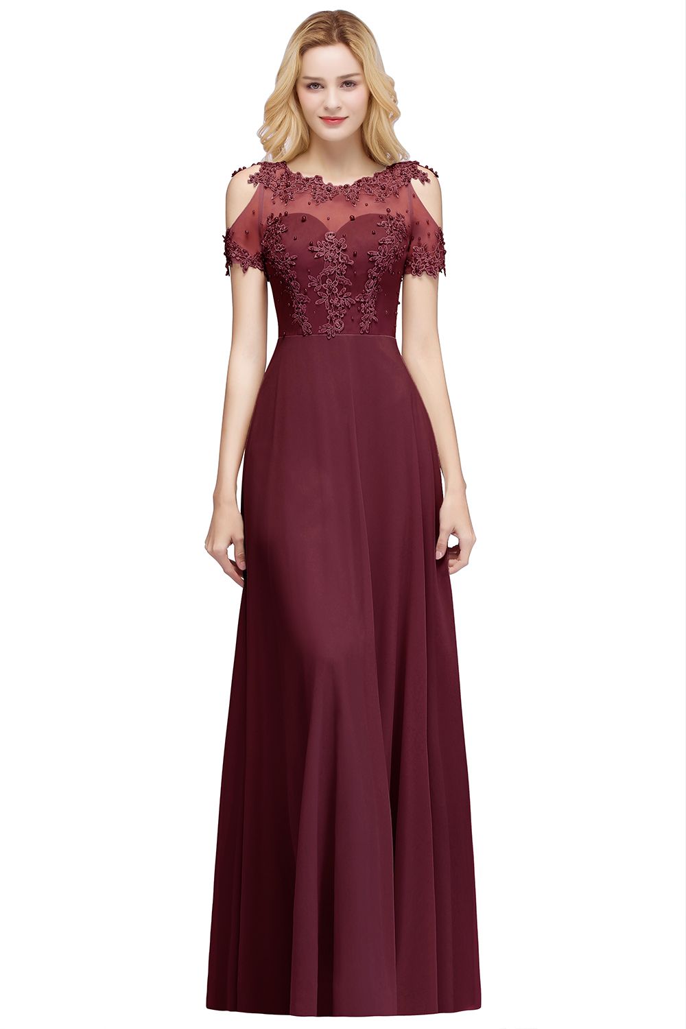 BMbridal Short Sleeve Lace Appliques Chiffon A Line Floor Length Prom Dress