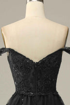 A Line Off Shoulder Black Corset Prom Dress With Lace Ruffles