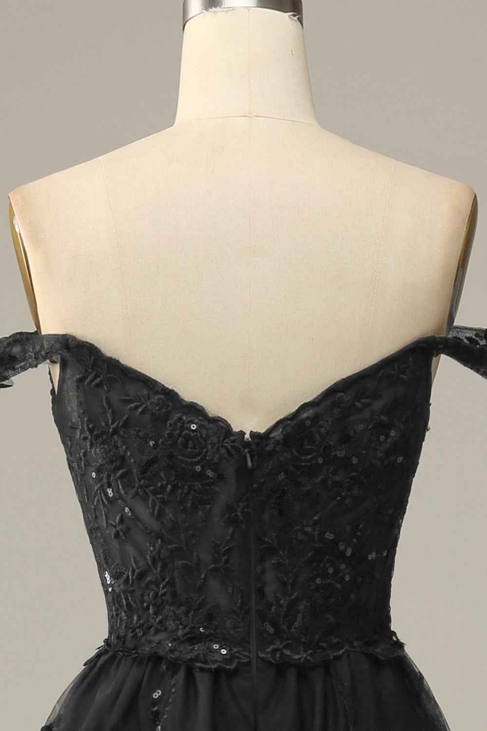 A Line Off Shoulder Black Corset Prom Dress With Lace Ruffles