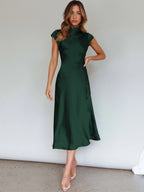 Summer Women High Fork Elegant Dress Sexy Slimming Backless Pure Satin Evening Dress