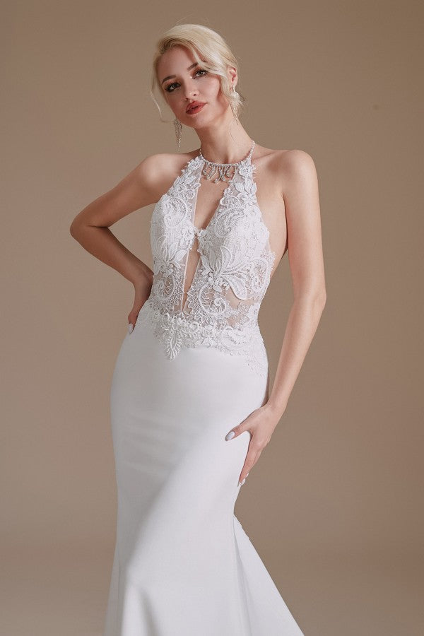 Charming Backless Long Mermaid Halter Satin Wedding Dresses With Lace Appliques