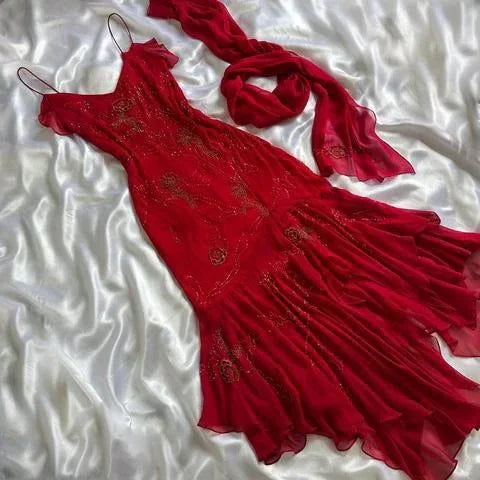 Vestido de Baile Encantador com Contas Vermelho em Chiffon Vestido de Sereia para Noite Vestido de Festa Y7527