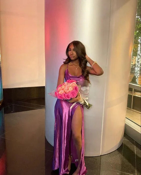 Vestido longo simples de alças finas para baile com racha Vestido de noite formal Y1855