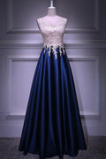 BMbridal Dark Navy Satin Prom Dress Beading Appliques Sleeveless Floor Length
