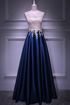 BMbridal Dark Navy Satin Prom Dress Beading Appliques Sleeveless Floor Length