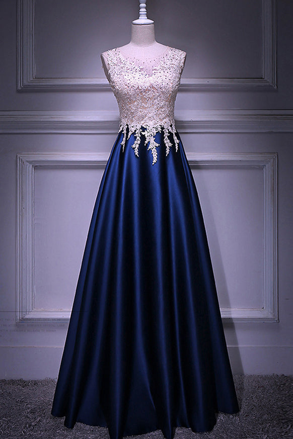 BMbridal Dark Navy Satin Prom Dress Beading Appliques Sleeveless Floor Length