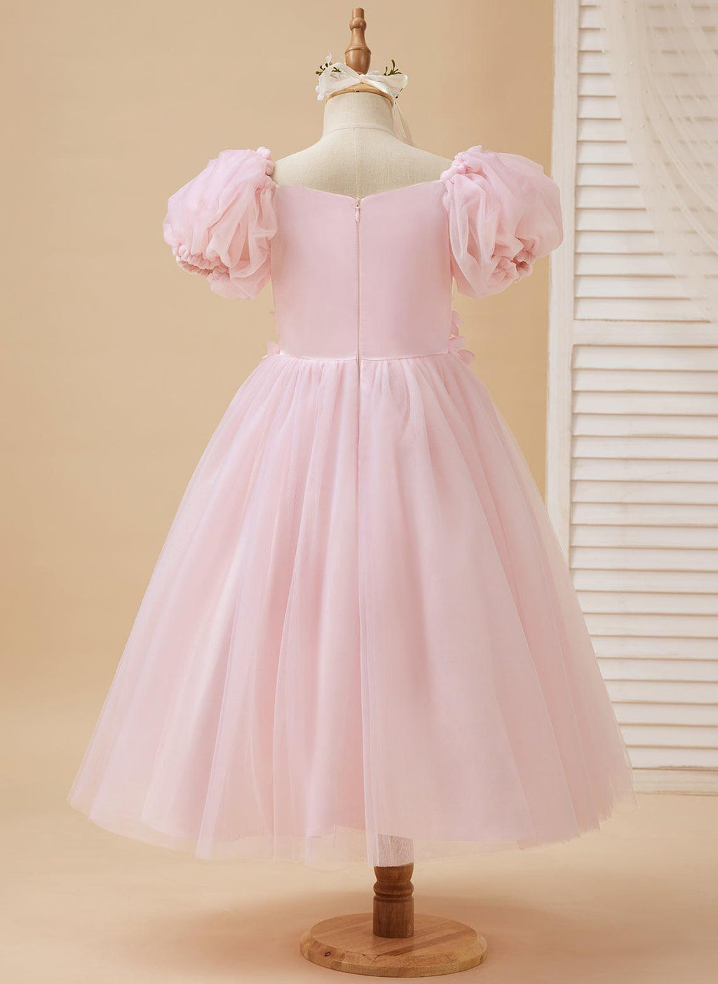 Tulle Tea Length Flower Girl Dress Square Neck Floral Applique Beading