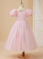 Tulle Tea Length Flower Girl Dress Square Neck Floral Applique Beading