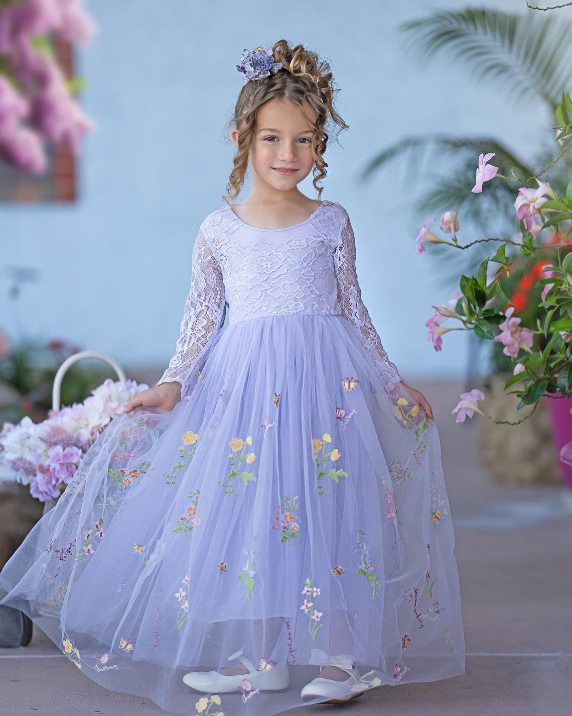 White Floral Lace Tulle Flower Girl Dress A Line Long Sleeve Floor Length