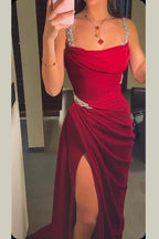 Vintage Burgunder Spaghettiträger Perlenbesetztes Meerjungfrauen Abendkleid Festliches Ballkleid Y7688