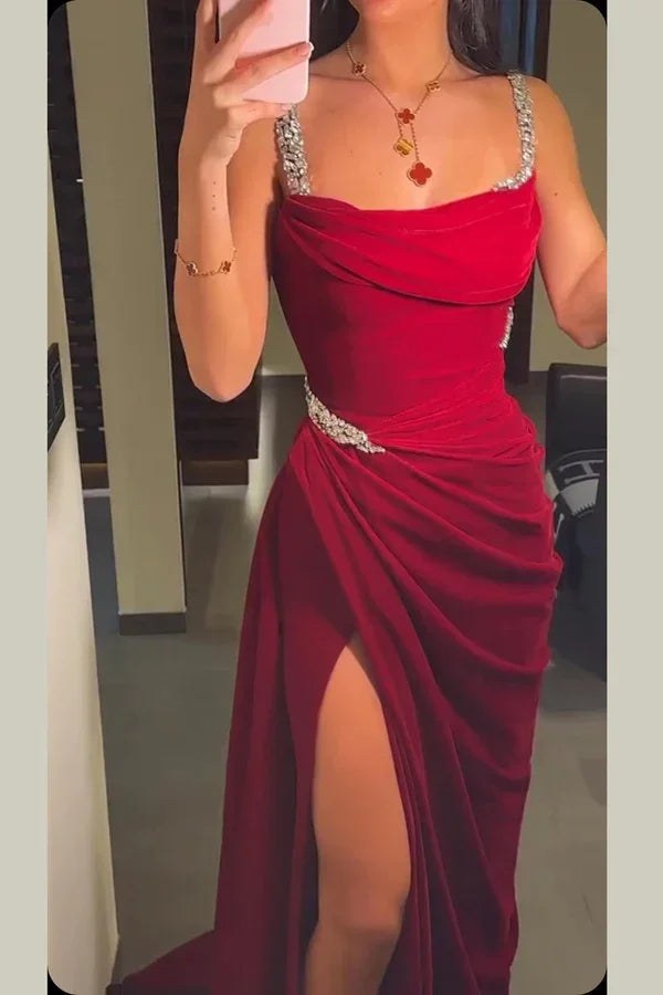 Abito da sera formale vintage bordeaux con spalline sottili, perline e taglio sirena, abito da ballo Y7688