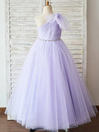 Short Sleeve Tulle Floor Length Flower Girl Dress With Bow
