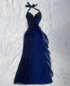 Vestido longo de festa e cerimónia azul-marinho ombré com decote em V e alças halter sexy em chiffon Y7486