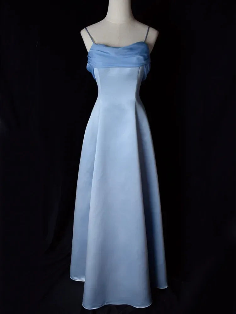 Vestido de Festa Longo em Cetim Azul Elegante com Alças Finas Estilo Linha A Vestido de Baile Y7557