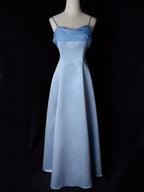Vestido de Festa Longo em Cetim Azul Elegante com Alças Finas Estilo Linha A Vestido de Baile Y7557