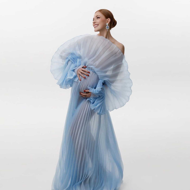 6113#Elegant Blue Pleated Maternity Dresses for Photoshoot Puff Sleeves Sheer Organza Maternity Gown Photography Babyshower Dress