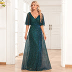 Butterfly See Through Sleeve Pairs V Neck Pleated A Large Swing Evening Dress Wedding Sequined Mop Dress