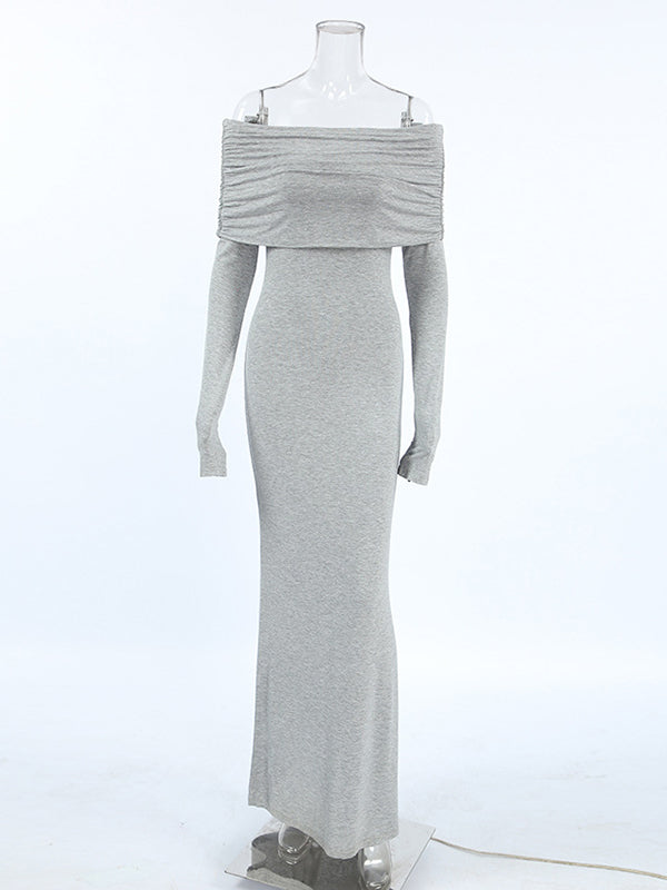 Abiti da Sera Lunghi a Maniche Lunghe e Aderenti con Piega a Soffietto, Monocolore, Spacco Laterale e Scollati sulle Spalle