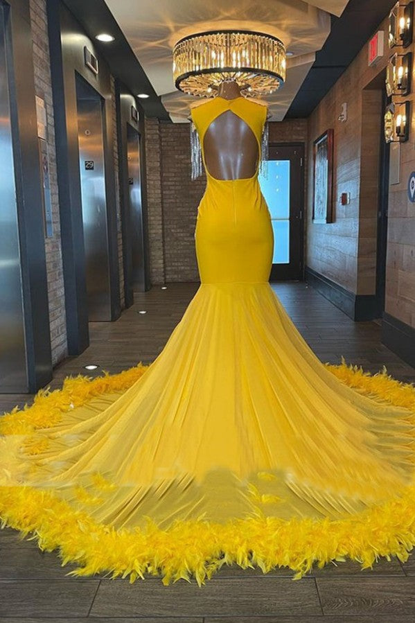 Yellow Prom Dress A Line Tassels With Feather Backless V Neck