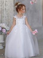 Ivory Tulle Princess Flower Girl Dress With Lace Appliques And Bow