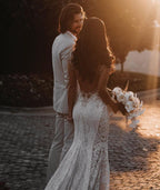 Glamorous V Neck Wide Strap Open Back Mermaid Wedding Dress With Lace Appliques