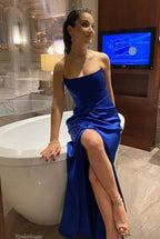 Vestido de Baile Longo Azul Real Sexy Sem Alças com Fenda Y7642