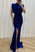 Milan Muse Velvet Padded Shoulder Ruched Belt Slit Maxi Dress