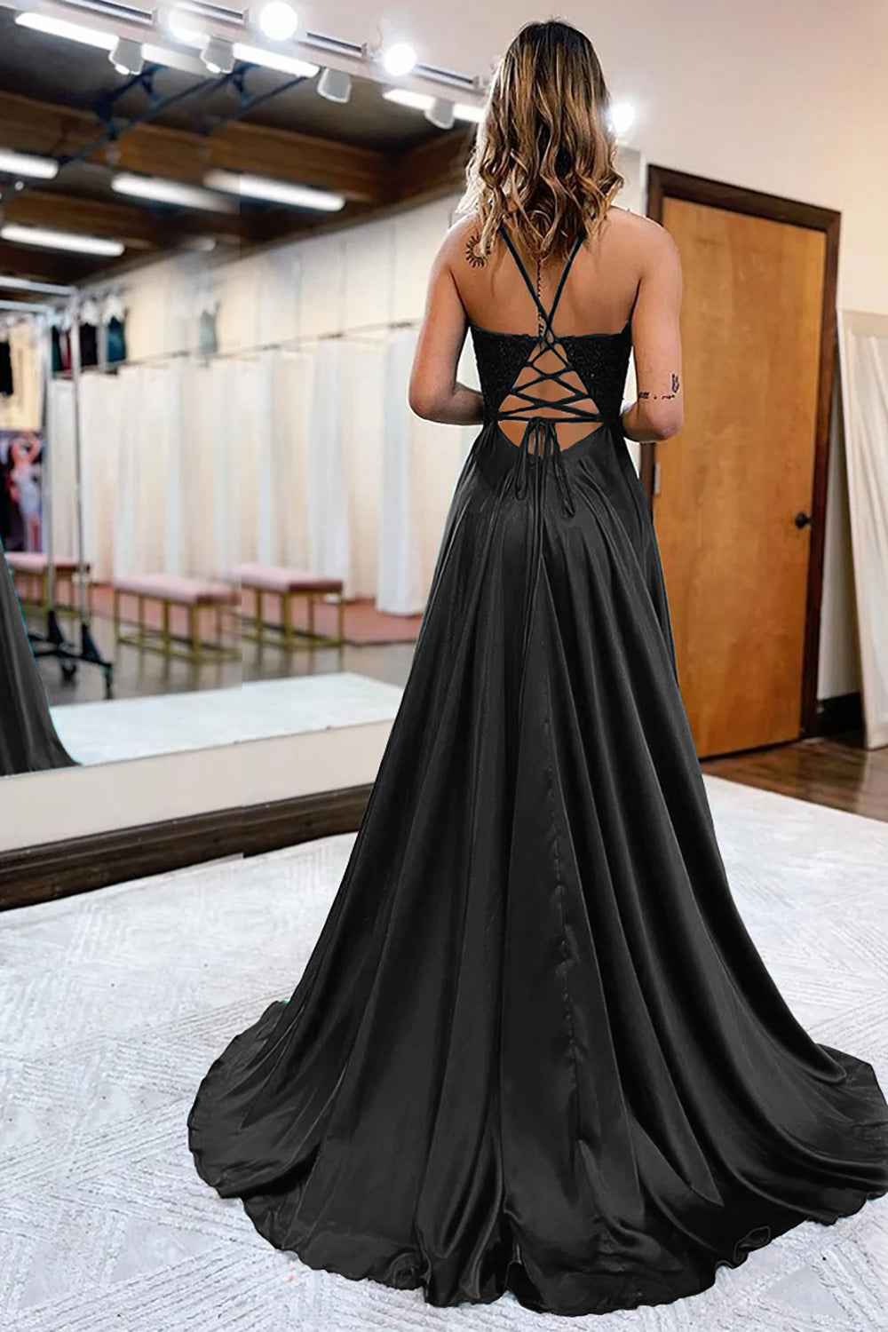 Dark Green Satin A-Line Appliqued Prom Dress With Side Slit For Formal Evening Party Occasions