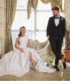 Gorgeous Satin Long A Line One Shoulder Wedding Dress With Slit