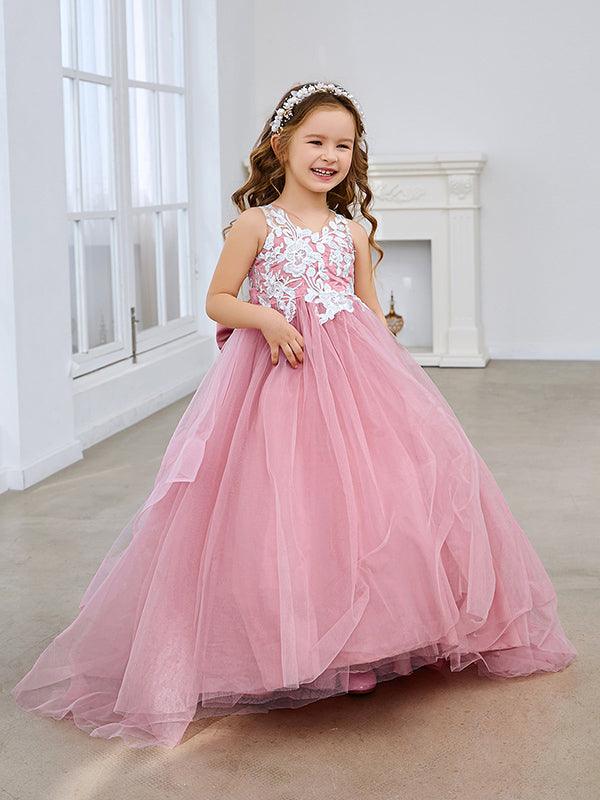 Pink Princess Flower Girl Dress With Sleeveless Tulle And Lace