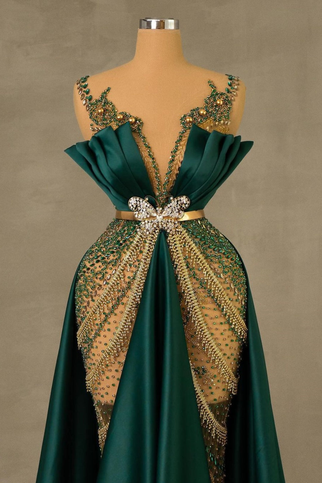 Emerald Green Beaded Spaghetti Strap Mermaid Prom Dress Sleeveless Floor Length