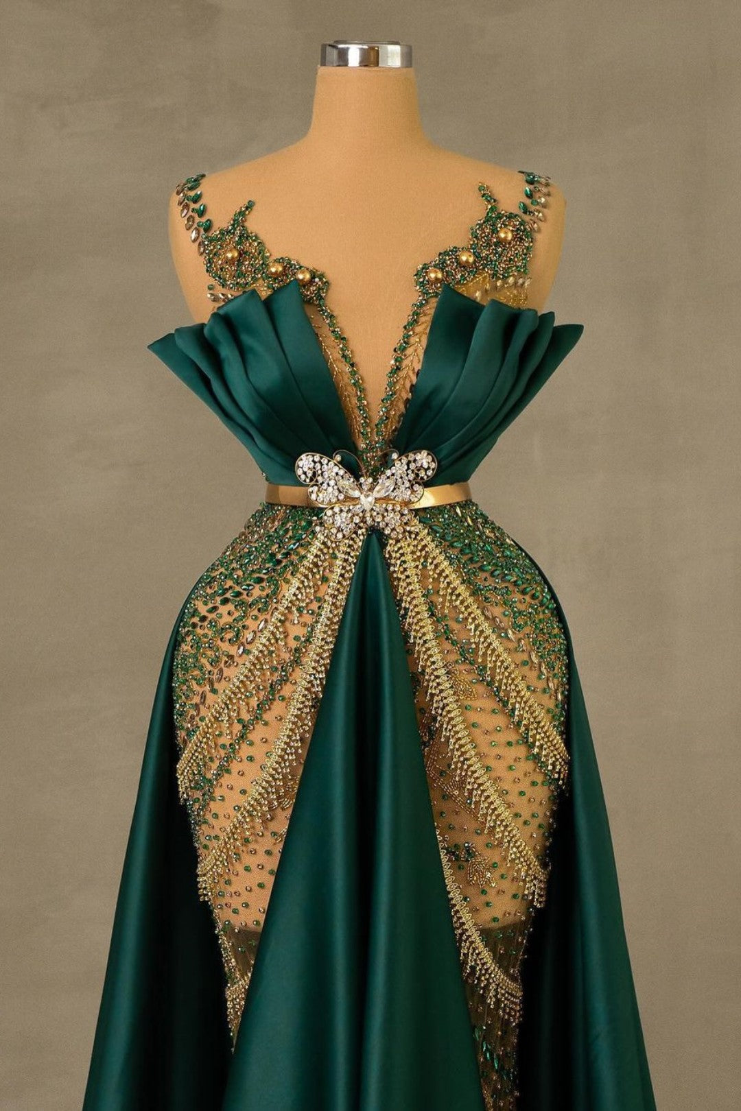 Emerald Green Beaded Spaghetti Strap Mermaid Prom Dress Sleeveless Floor Length