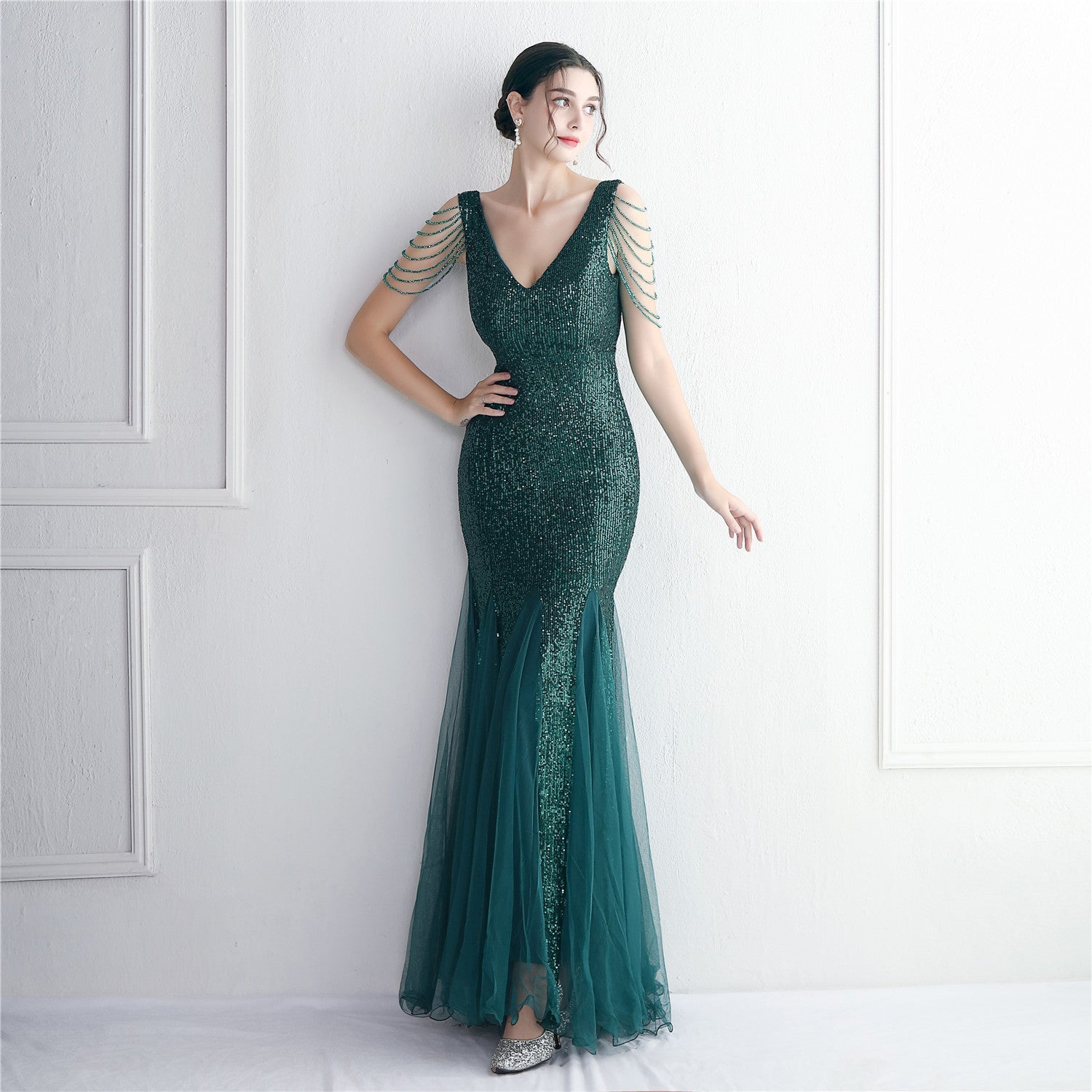 Sequin Mesh Craft Beaded Party Dress: Elegant Long Cocktail Slim Fit Evening Dress