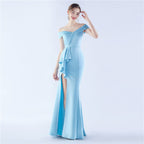 Classic Satin Off Shoulder Long Evening Dress – Elegant & Timeless
