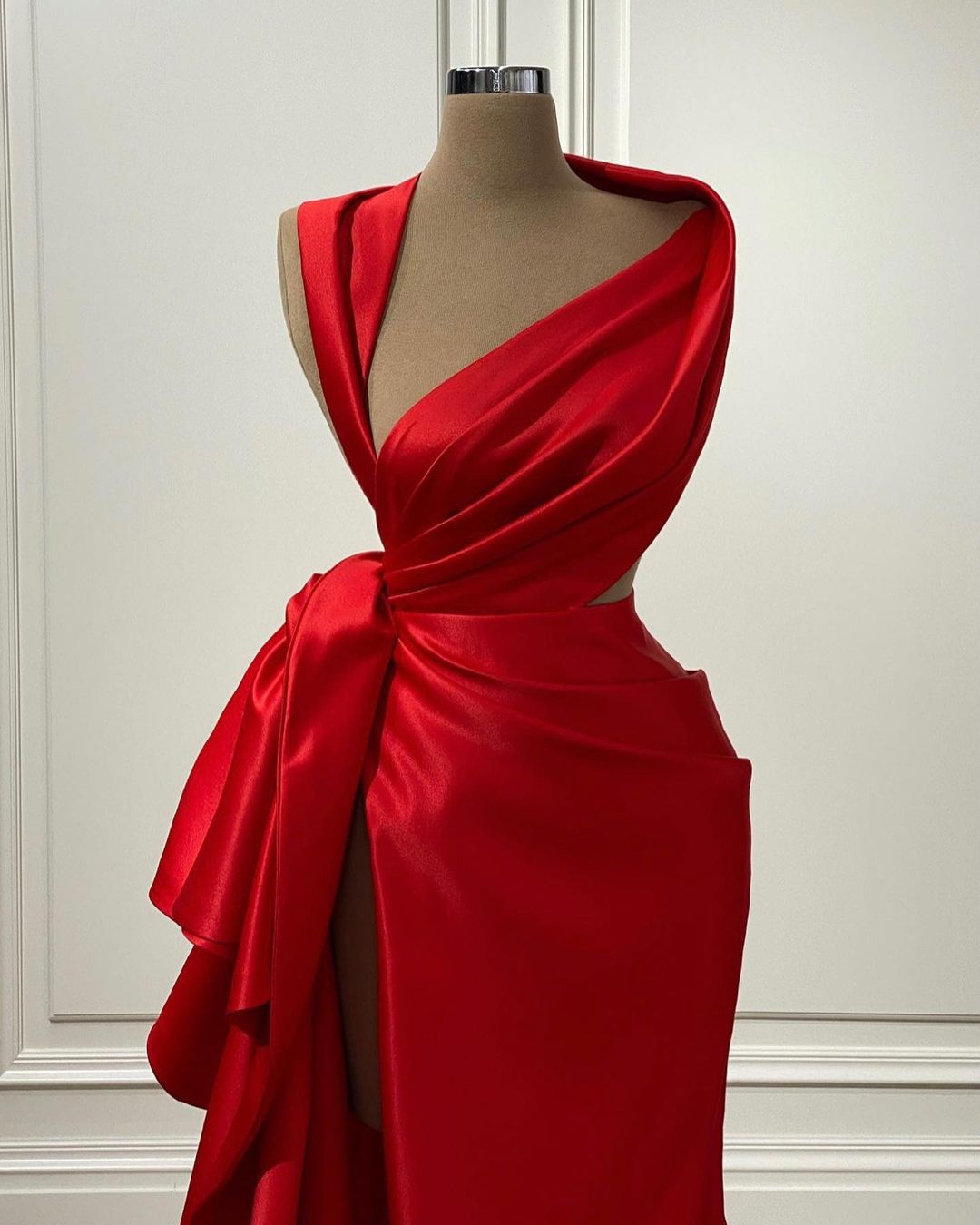 Red Mermaid  Draped Satin Floor Length Prom Gown with Slit