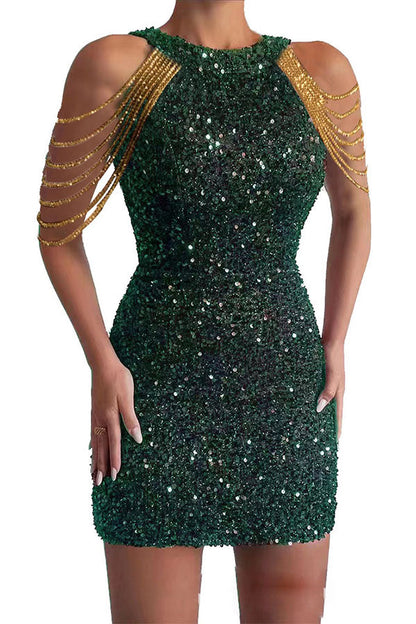 Minivestido de cóctel con lentejuelas y borlas en los hombros, con una vista glamurosa