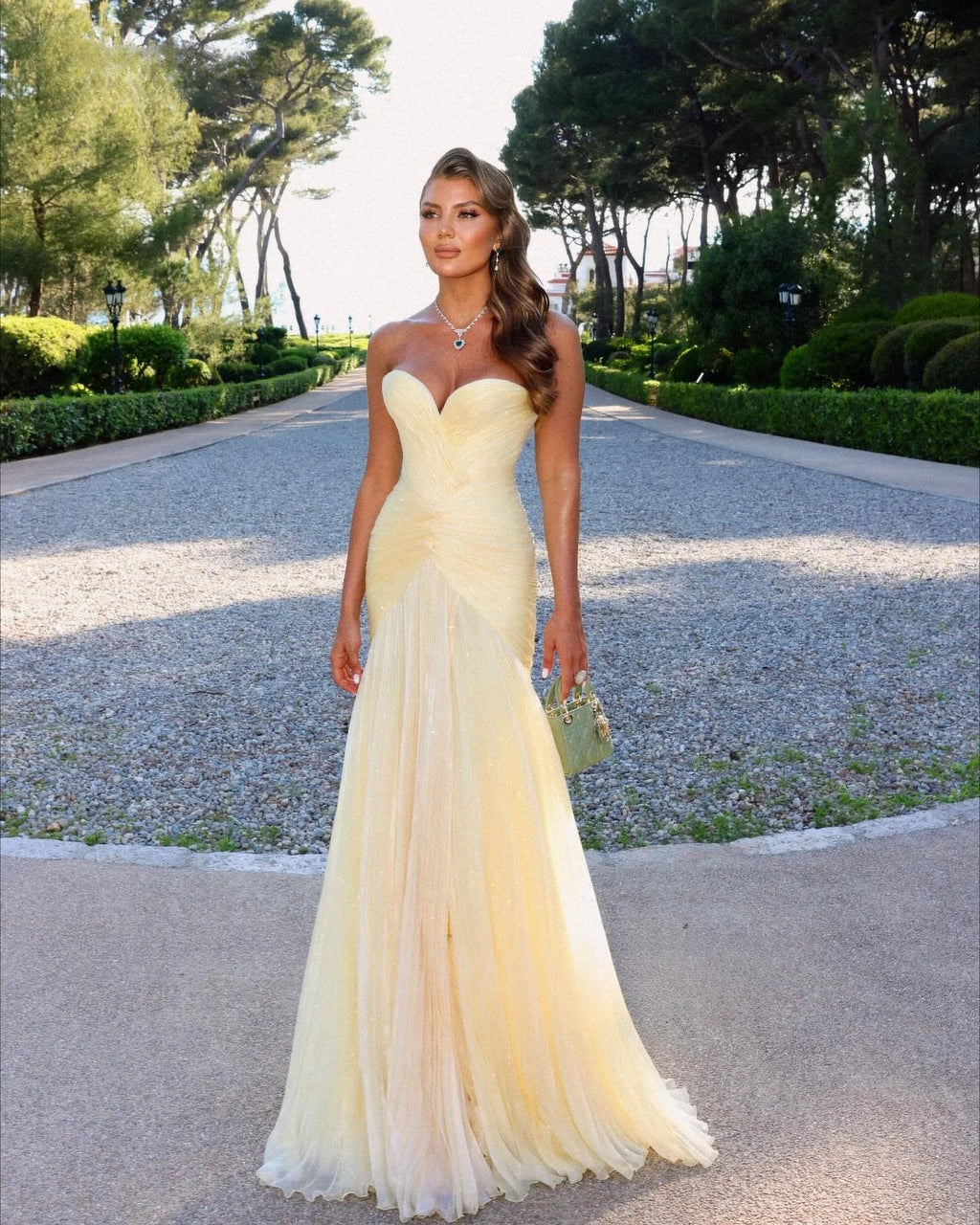 Light Yellow Shiny Chiffon Prom Gowns Sweetheart A Line Evening Dresses Women Elegant Formal Occasion Dress Customized