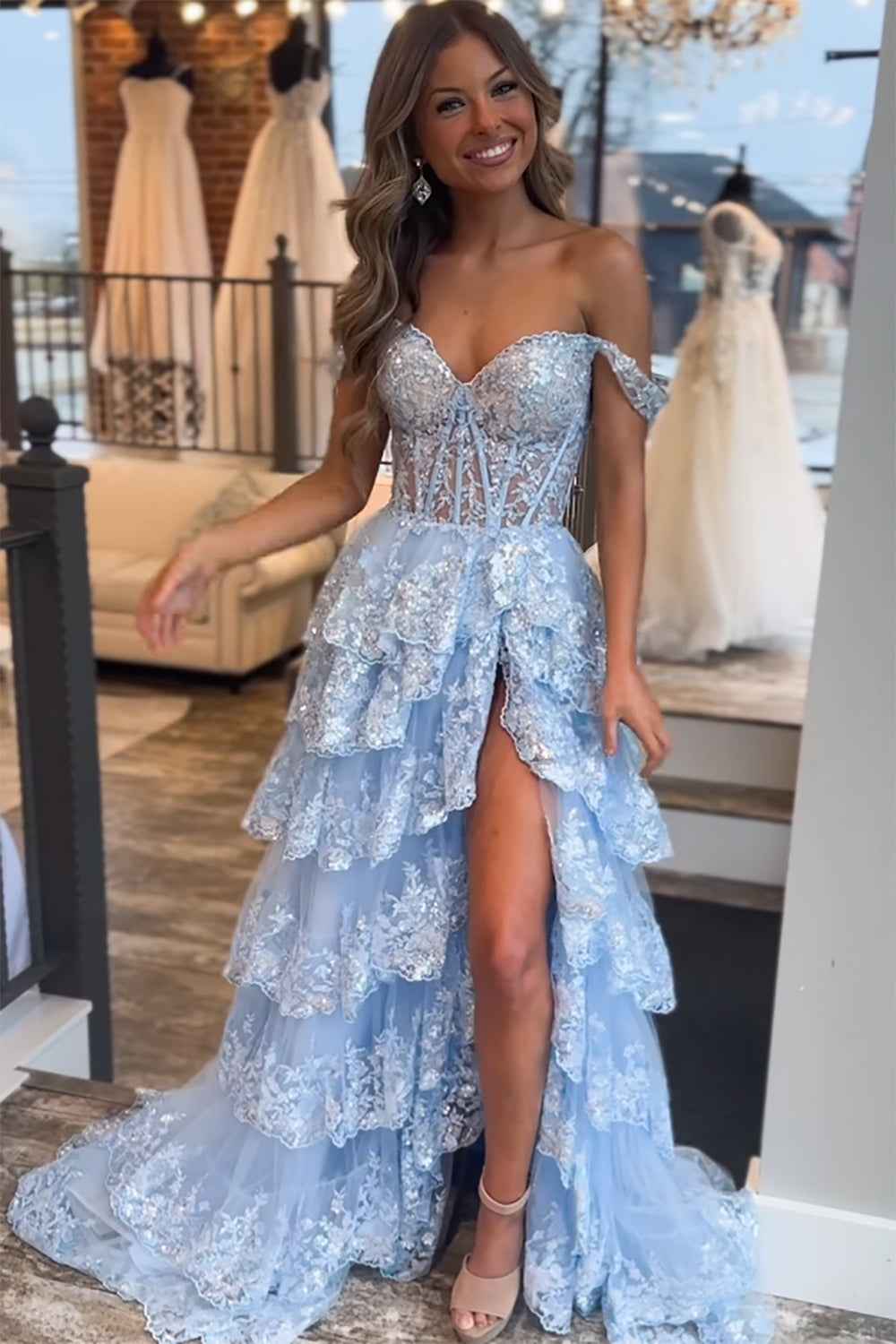 A Line Off the Shoulder Black Corset Prom Dress with Lace Ruffles