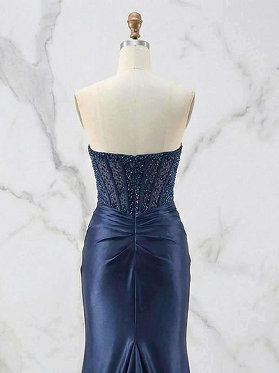 Glamorous Red Strapless Beaded Corset Satin Prom Dress