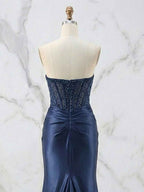 Glamorous Red Strapless Beaded Corset Satin Prom Dress
