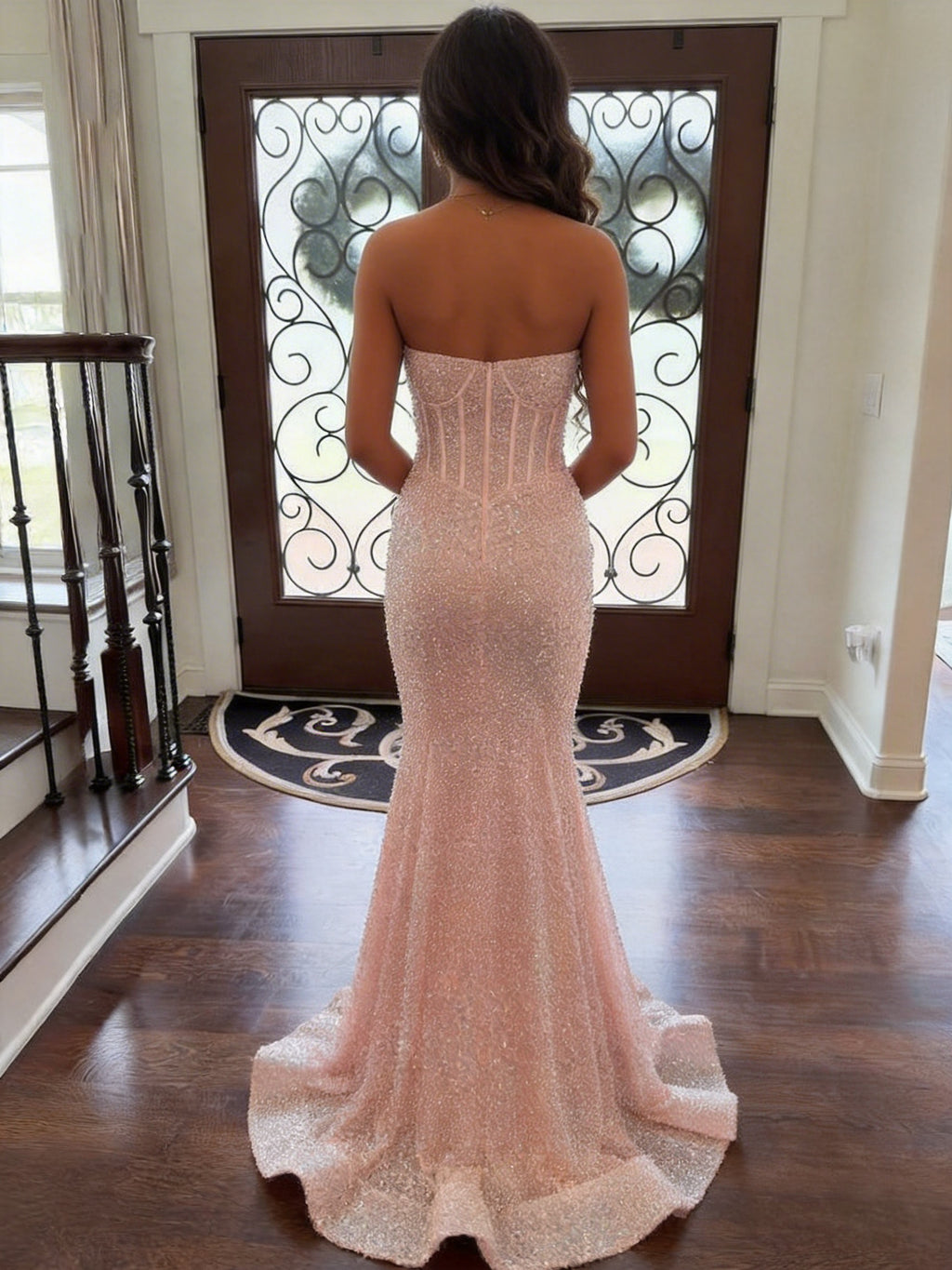 Glitter Pink Mermaid Strapless Sweetheart Long Prom Dress With Train