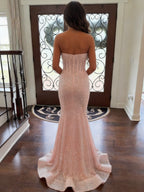 Glitter Pink Mermaid Strapless Sweetheart Long Prom Dress With Train