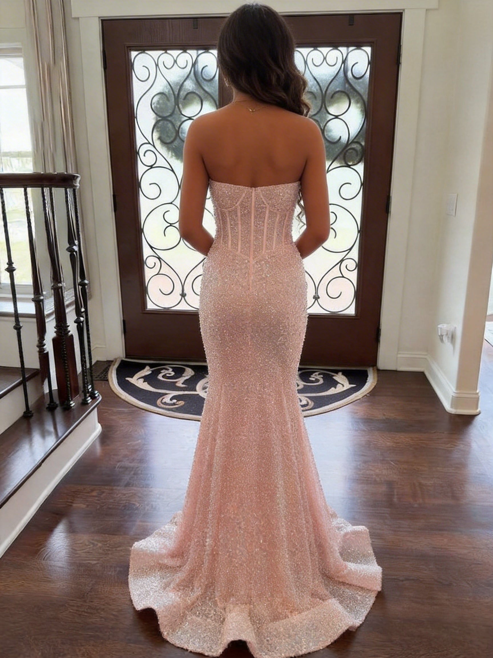 Glitter Pink Mermaid Strapless Sweetheart Long Prom Dress With Train