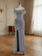 Silver Off Shoulder Sparkly Ruched Bodice Mesh Long Prom Dress With Slit